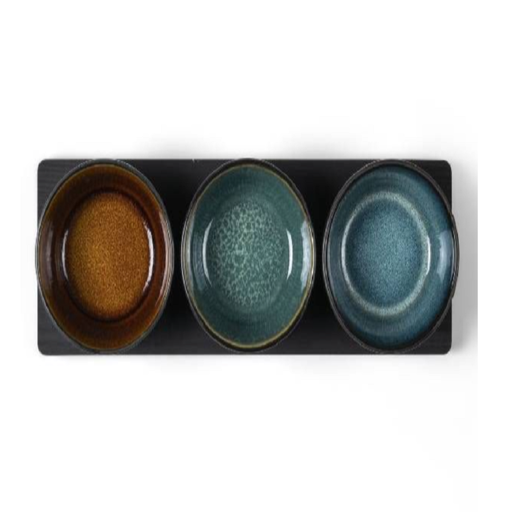 Bitz Cabaret Stoneware Bowls, Nature, 10cm, Set of 3 with Tray