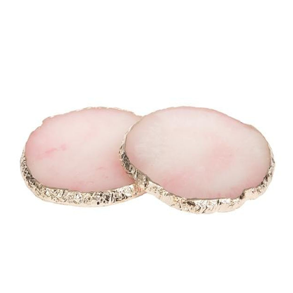 Aish Home Set of 2 Gilded Quartz Coasters Pink with Gold-A017P