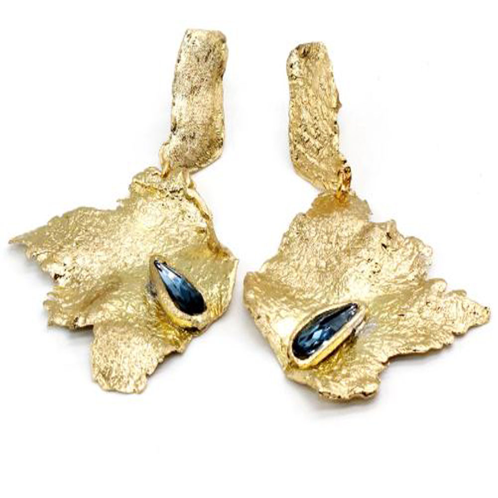 Solid Bronze Earrings Matt Style with Blue Crystal